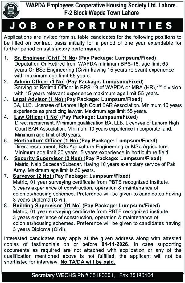 WAPDA Employees Cooperative Housing Society Ltd. Lahore (WECHS) Jobs 2026 Jobs 2026 — original newspaper advertisement