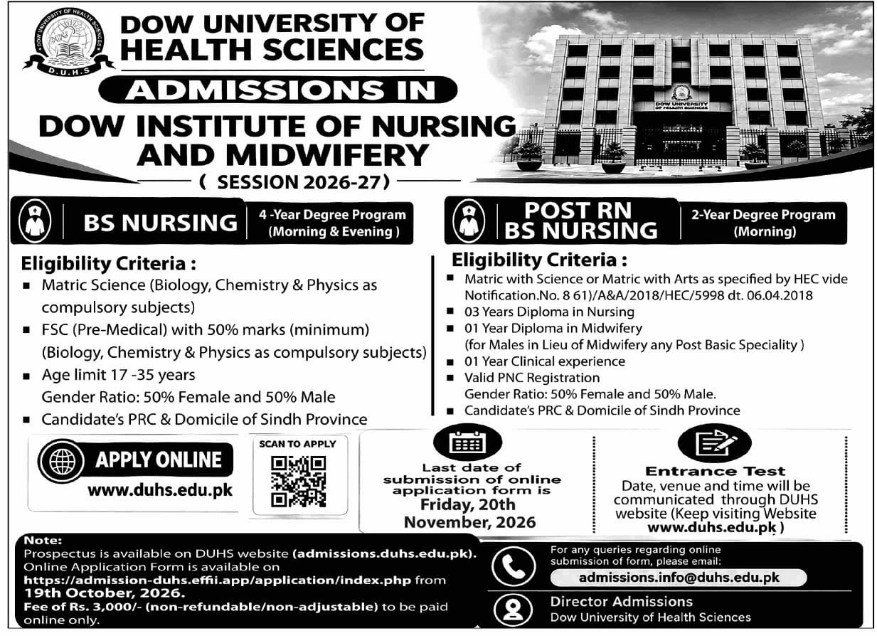 Admissions in Dow Institute of Nursing and Midwifery (Session 2026-27) – Dow University of Health Sciences (DUHS) Admissions 2026 — original newspaper advertisement