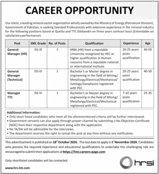 leading mineral sector organization wholly owned by the Ministry of Energy (Petroleum Division), Government of Pakistan (via HRSI) Jobs – A leading mineral sector organization wholly owned by the Ministry of Energy (Petroleum Division), Government of Pakistan (via HRSI) Jobs 2026 — original newspaper advertisement