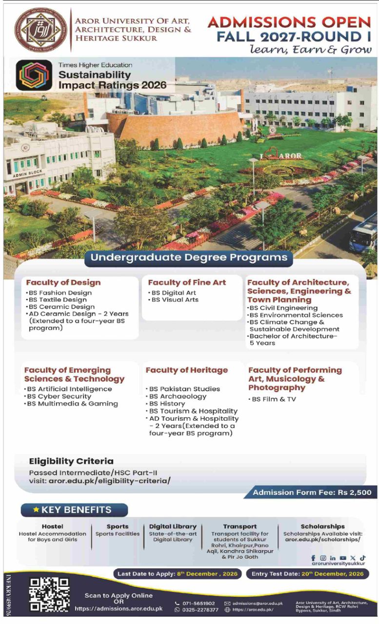 Admissions Open Fall 2027 - Round I Aror University of Art, Architecture, Design & Heritage Sukkur Admissions 2026 — original newspaper advertisement