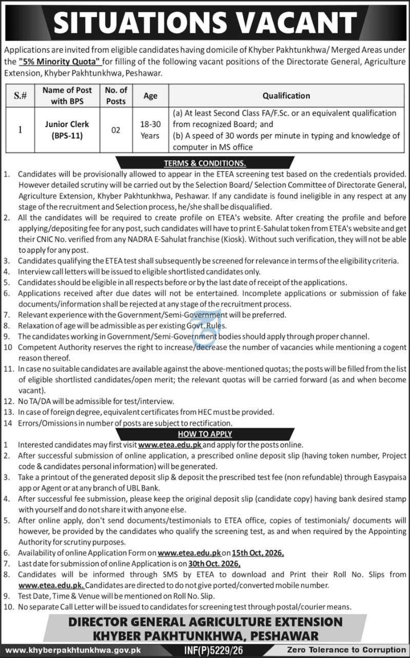 Directorate General Agriculture Extension, Khyber Pakhtunkhwa Jobs 2026 – Directorate General Agriculture Extension, Khyber Pakhtunkhwa, Peshawar Jobs 2026 — original newspaper advertisement
