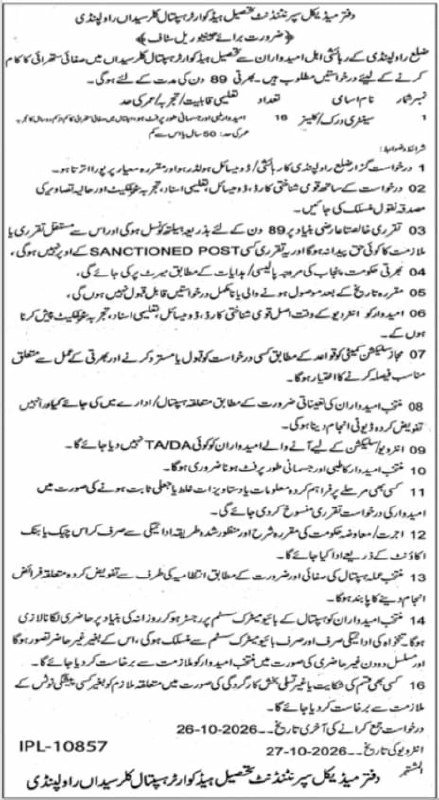 Office of Medical Superintendent, Tehsil Headquarters Hospital, Kallar Syedan, Rawalpindi Jobs Jobs 2026 — original newspaper advertisement