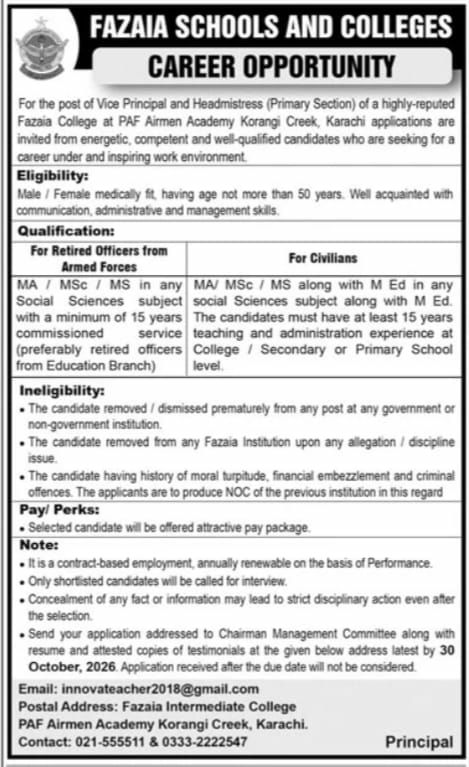 Fazaia Schools and Colleges, PAF Airmen Academy Korangi Creek Jobs 2026 Jobs 2026 — original newspaper advertisement