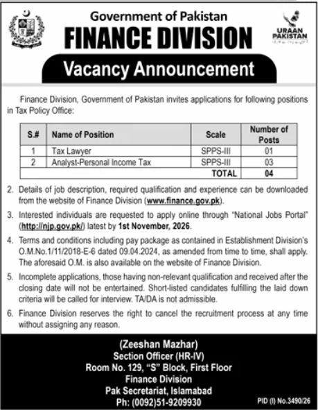 Finance Division Islamabad Jobs 2026 – Finance Division, Government of Pakistan Jobs 2026 — original newspaper advertisement