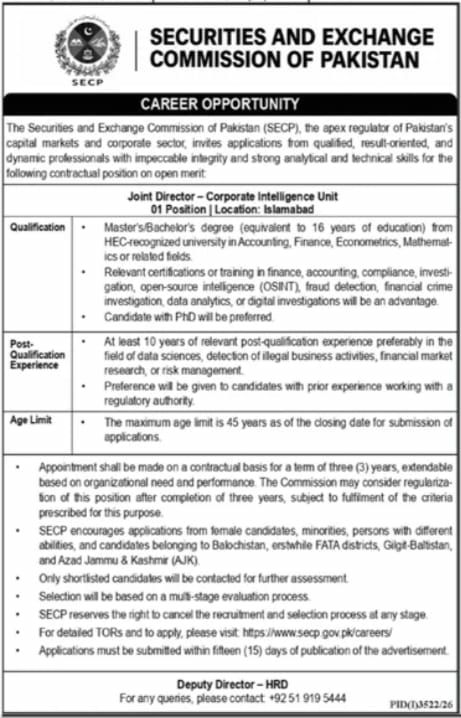 Securities and Exchange Commission of Pakistan (SECP) Jobs 2026 Jobs 2026 — original newspaper advertisement