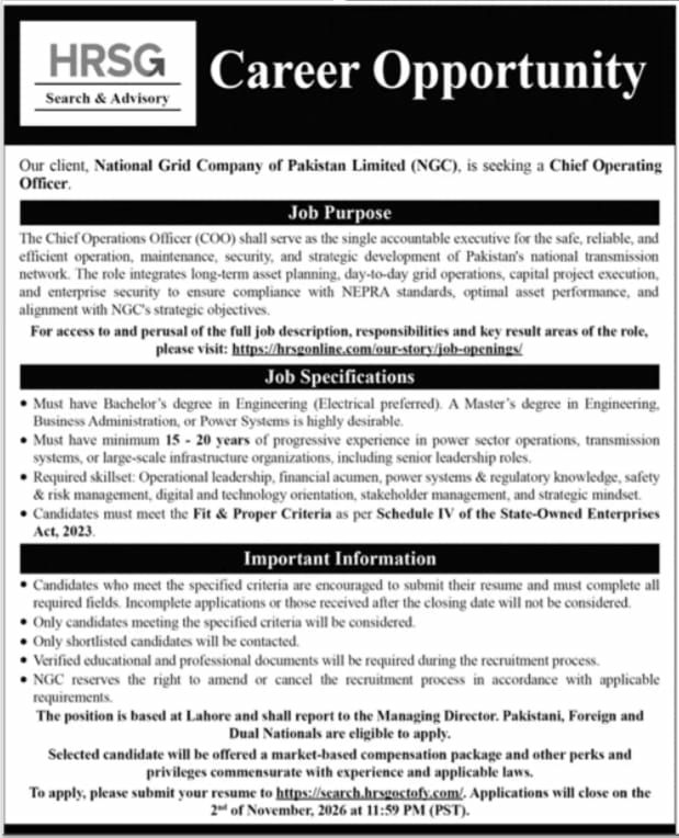 National Grid Company of Pakistan Limited (NGC) Jobs 2026 – National Grid Company of Pakistan Limited (NGC) — via HRSG Search & Advisory Jobs 2026 — original newspaper advertisement