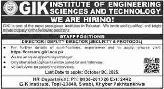GIK Institute of Engineering Sciences and Technology Jobs 2026 Jobs 2026 — original newspaper advertisement