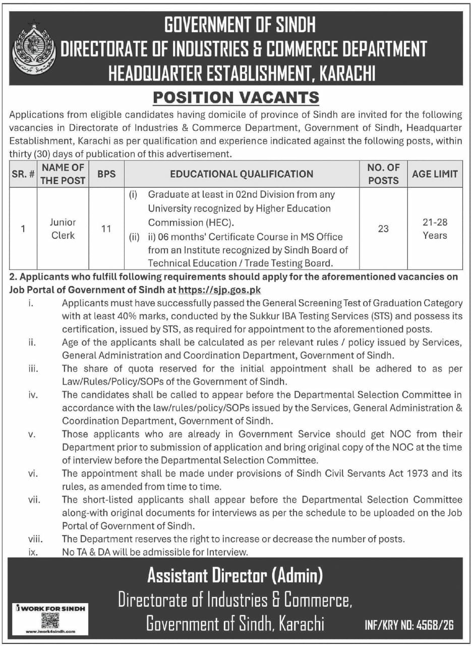 Directorate of Industries & Commerce Department, Headquarter Establishment, Karachi Jobs 2026 – Government of Sindh, Directorate of Industries & Commerce Department, Headquarter Establishment, Karachi Jobs 2026 — original newspaper advertisement