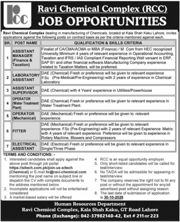 Ravi Chemical Complex (RCC) Jobs 2026 Jobs 2026 — original newspaper advertisement