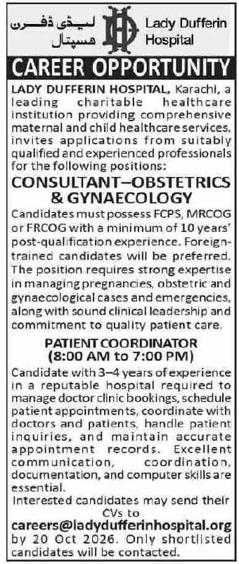 Lady Dufferin Hospital Karachi Jobs 2026 Jobs 2026 — original newspaper advertisement