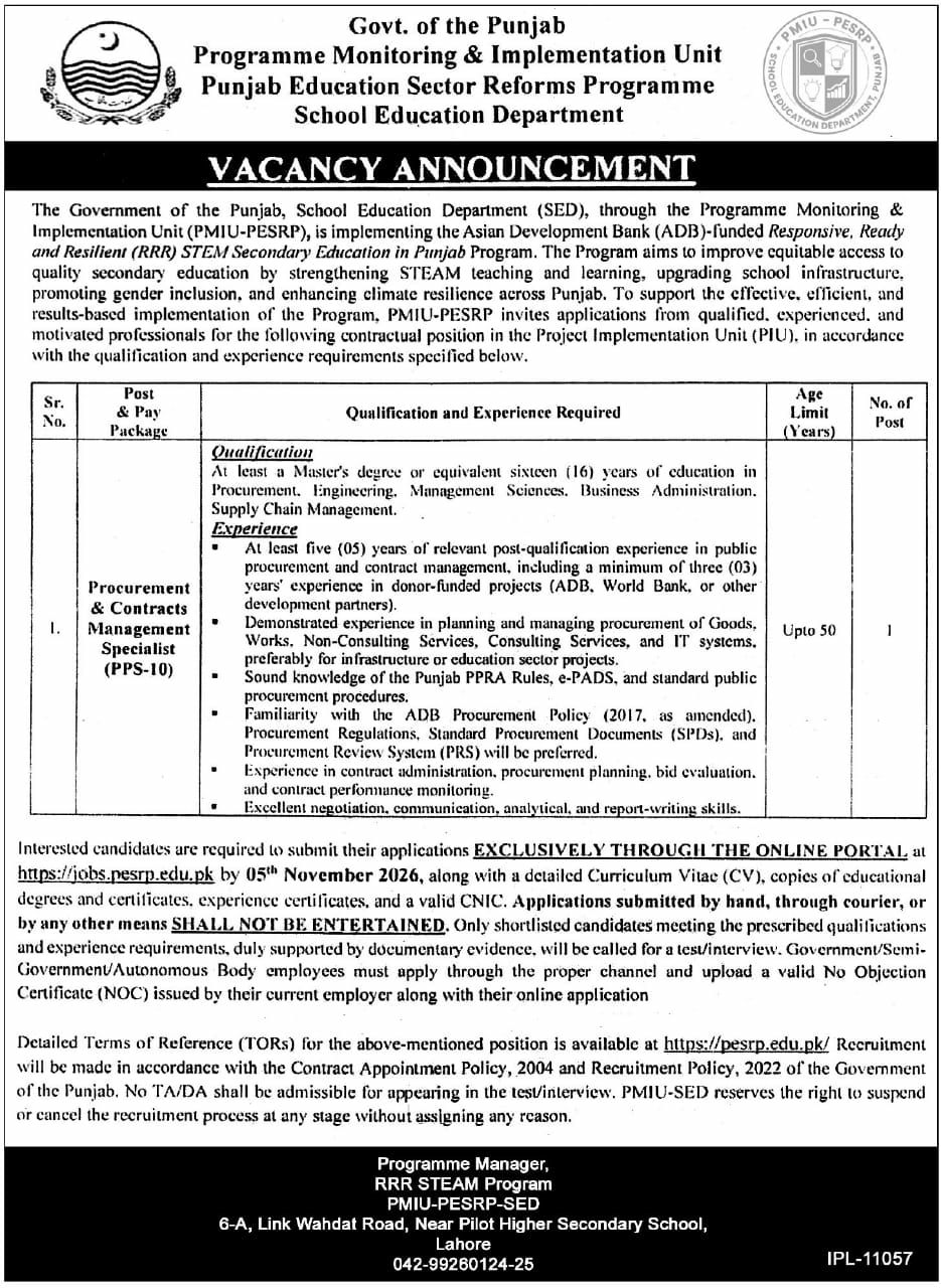Programme Monitoring & Implementation Unit (PMIU-PESRP), Punjab Education Sector Reforms Programme, School Education Department Jobs – Government of the Punjab, Programme Monitoring & Implementation Unit (PMIU-PESRP), Punjab Education Sector Reforms Programme, School Education Department Jobs 2026 — original newspaper advertisement