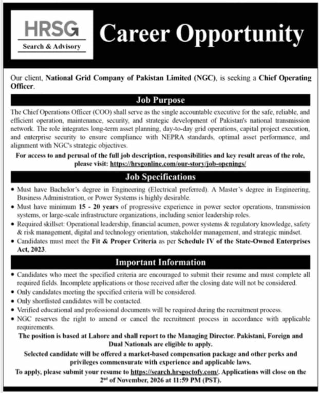 National Grid Company of Pakistan Limited (NGC) Jobs 2026 – National Grid Company of Pakistan Limited (NGC) via HRSG Search & Advisory Jobs 2026 — original newspaper advertisement