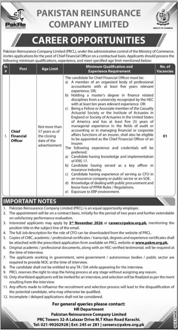 Pakistan Reinsurance Company Limited (PRCL) Jobs 2026 Jobs 2026 — original newspaper advertisement
