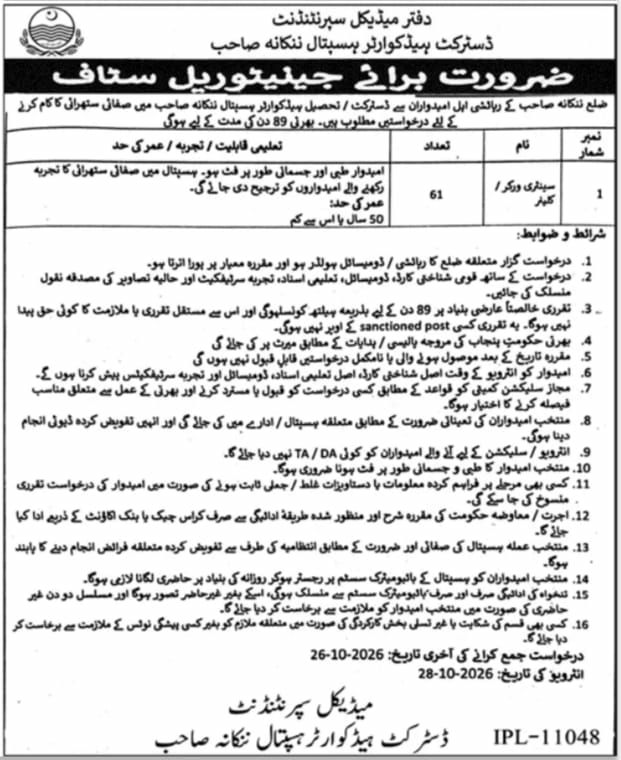 Office of the Medical Superintendent, District Headquarters Hospital Nankana Sahib Jobs Jobs 2026 — original newspaper advertisement