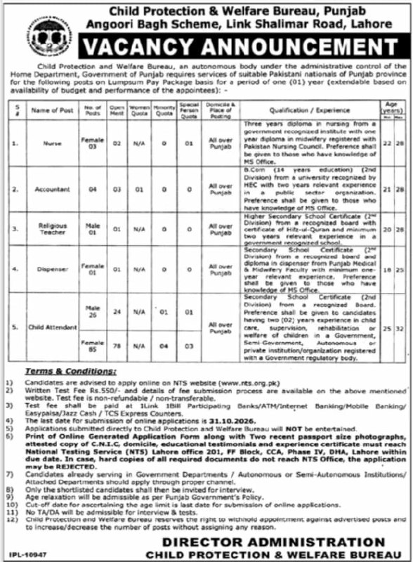 Child Protection & Welfare Bureau, Punjab Jobs 2026 Jobs 2026 — original newspaper advertisement