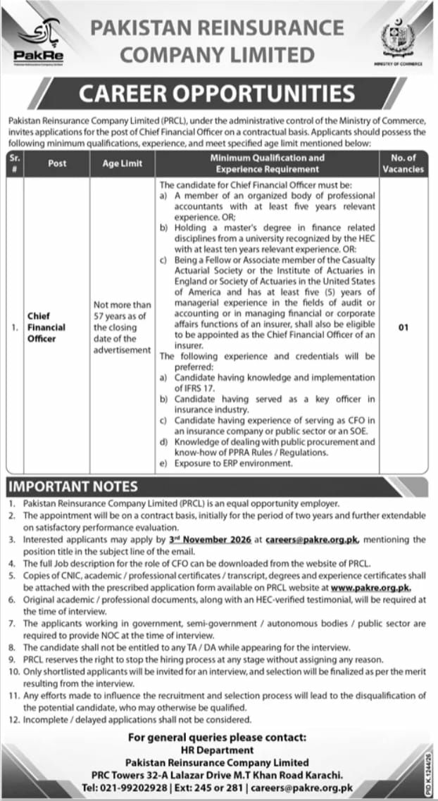 Pakistan Reinsurance Company Limited (PRCL) Jobs 2026 Jobs 2026 — original newspaper advertisement