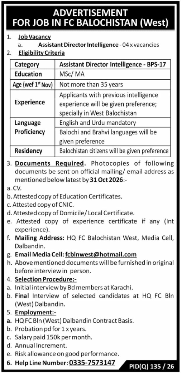 FC Balochistan (West) Balochistan Jobs 2026 Jobs 2026 — original newspaper advertisement