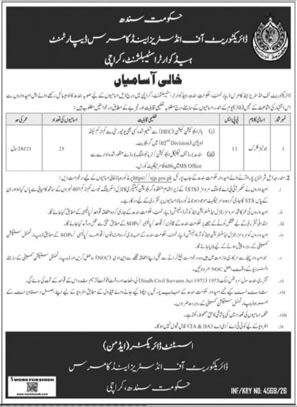 Directorate of Industries and Commerce Department, Headquarters Establishment, Karachi Jobs – Directorate of Industries and Commerce Department, Headquarters Establishment, Karachi - Government of Sindh Jobs 2026 — original newspaper advertisement