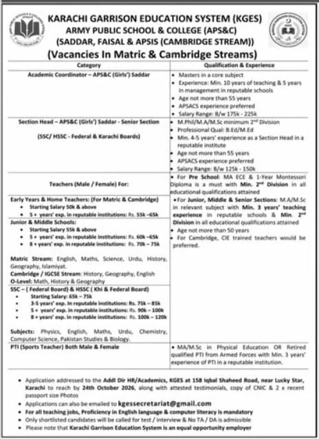 Karachi Garrison Education System (KGES) - Army Public School & College (APS&C) Saddar, Faisal & APSIS (Cambridge Stream) Jobs Jobs 2026 — original newspaper advertisement