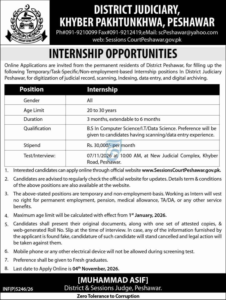 District Judiciary, Khyber Pakhtunkhwa, Peshawar Jobs Jobs 2026 — original newspaper advertisement