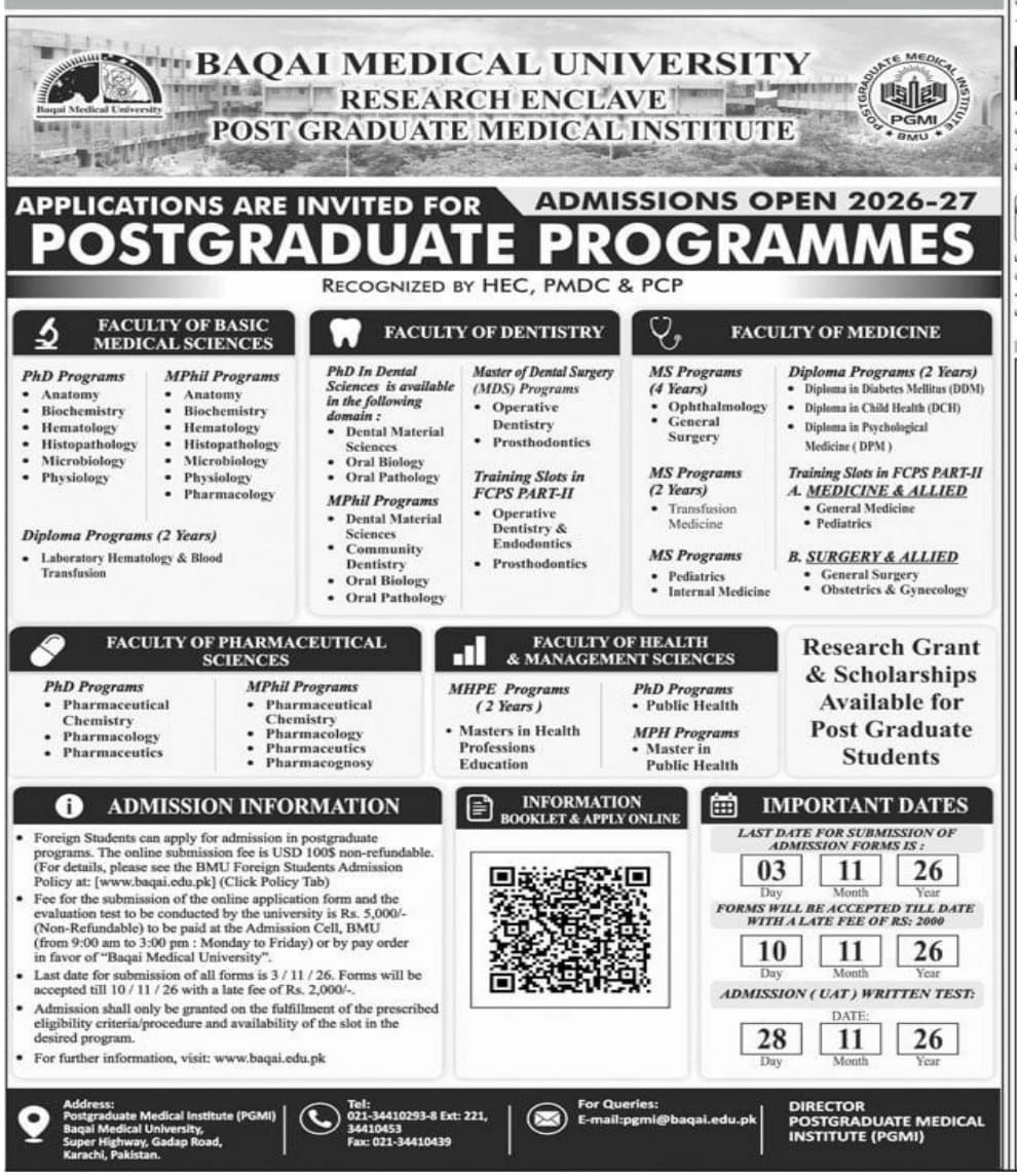 Admissions Open 2026-27 for Postgraduate Programmes – Baqai Medical University, Research Enclave, Post Graduate Medical Institute (PGMI) Admissions 2026 — original newspaper advertisement