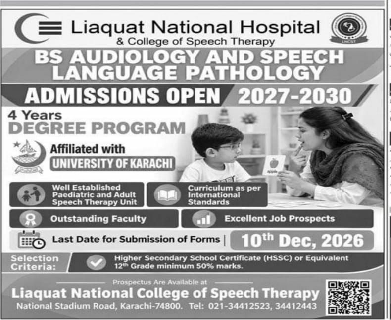 Liaquat National Hospital & College of Speech Therapy - Admissions Open 2027-2030 Admissions 2026 — original newspaper advertisement