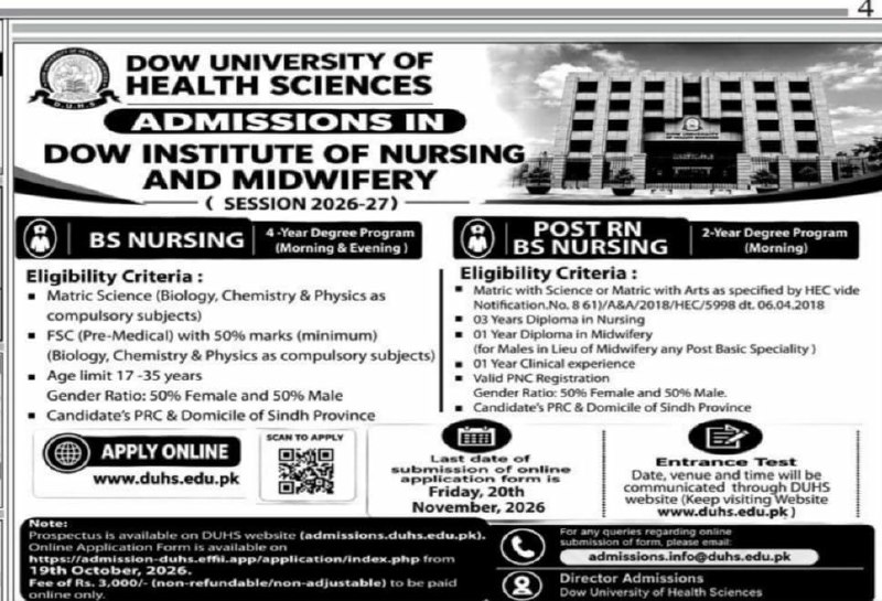 Admissions in Dow Institute of Nursing and Midwifery (Session 2026-27) – Dow University of Health Sciences Admissions 2026 — original newspaper advertisement