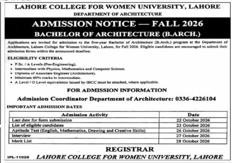 Admission Notice Lahore College for Women University, Department of Architecture, Lahore Admissions 2026 — original newspaper advertisement