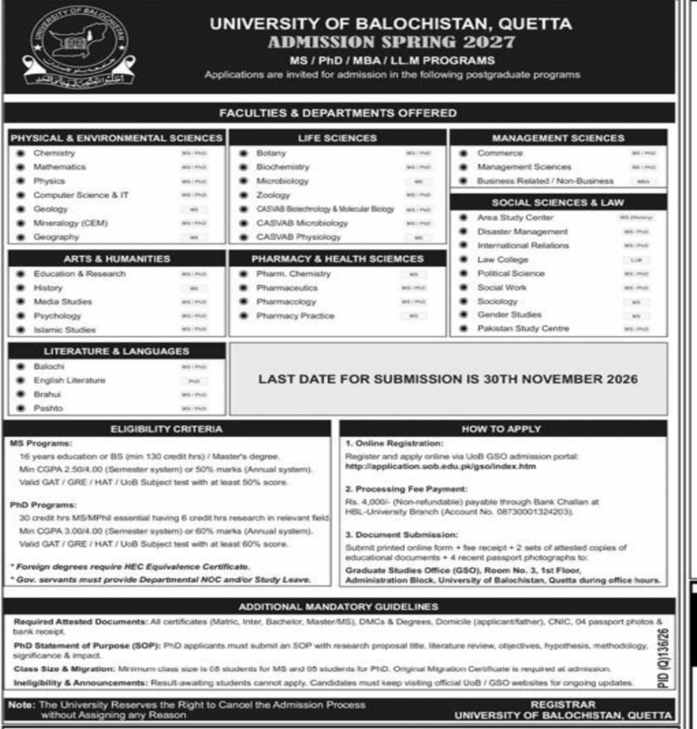 Admission Spring University of Balochistan, Quetta 2027 - MS / PhD / MBA / LL.M Programs Admissions 2026 — original newspaper advertisement