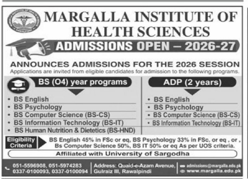 Admissions Open in Margalla Institute of Health Sciences 2026-27 Admissions 2026 — original newspaper advertisement