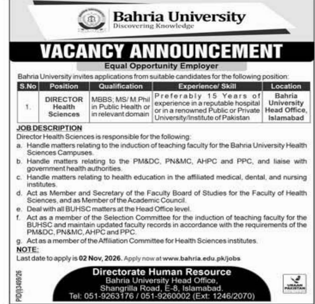 Bahria University Islamabad Jobs 2026 Jobs 2026 — original newspaper advertisement