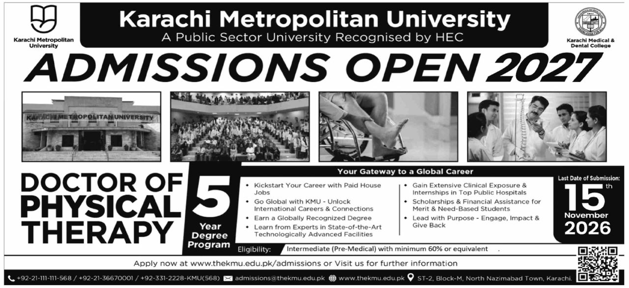 Admissions Open 2027 - Doctor of Physical Therapy – Karachi Metropolitan University Admissions 2026 — original newspaper advertisement