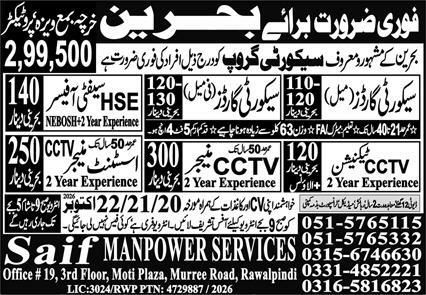 Urgent Requirement for Bahrain 2026 – Saif Manpower Services Jobs 2026 — original newspaper advertisement