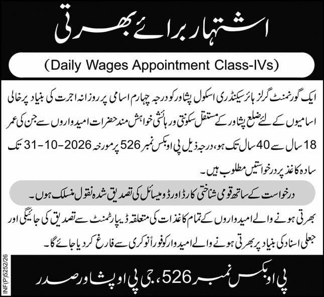 Government Girls Higher Secondary School, Peshawar Jobs Jobs 2026 — original newspaper advertisement