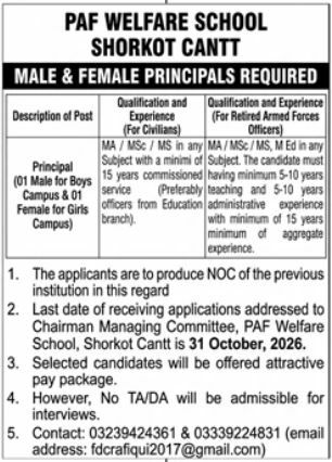 PAF Welfare School Shorkot Cantt Jobs Jobs 2026 — original newspaper advertisement