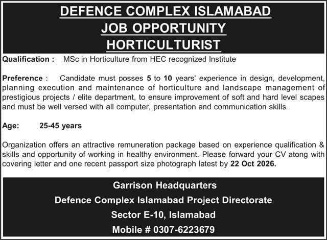 Defence Complex Islamabad Project Directorate, Garrison Headquarters Jobs Jobs 2026 — original newspaper advertisement