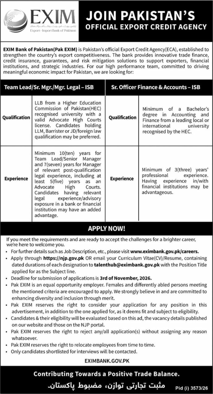 EXIM Bank of Pakistan (Pak EXIM) Jobs 2026 Jobs 2026 — original newspaper advertisement