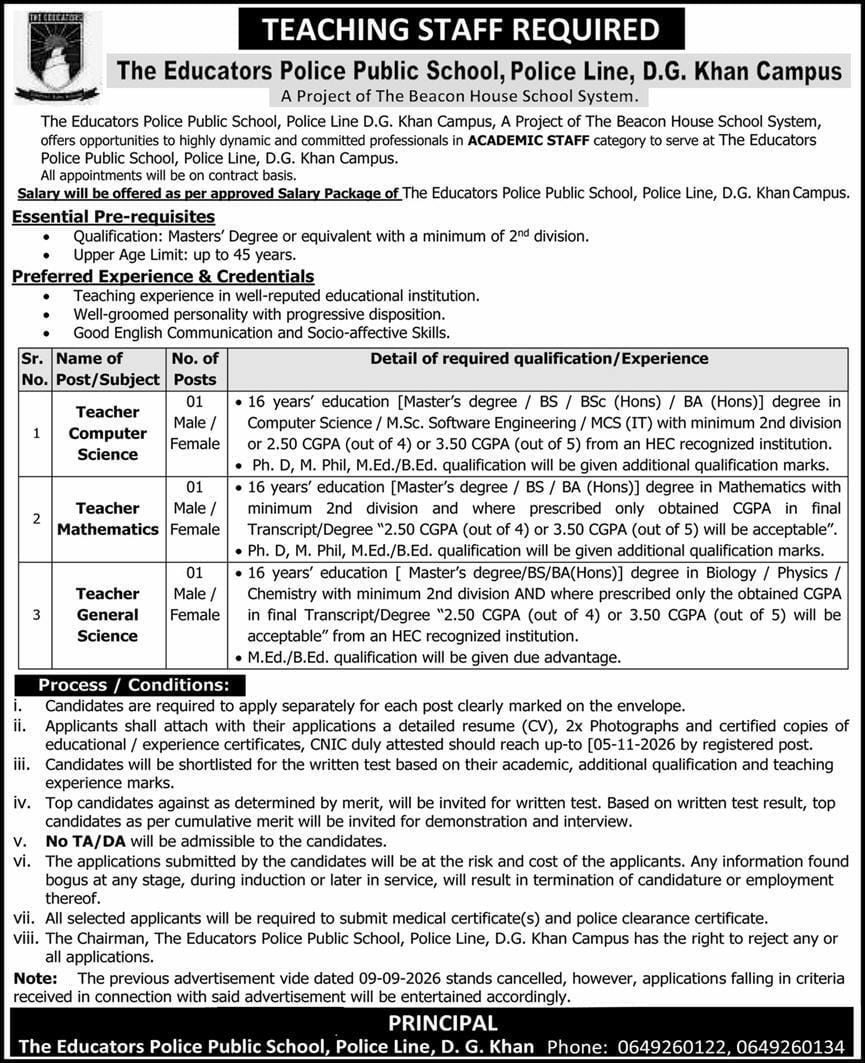 The Educators Police Public School, Police Line, D.G. Khan Campus (A Project of The Beacon House School System) Jobs Jobs 2026 — original newspaper advertisement