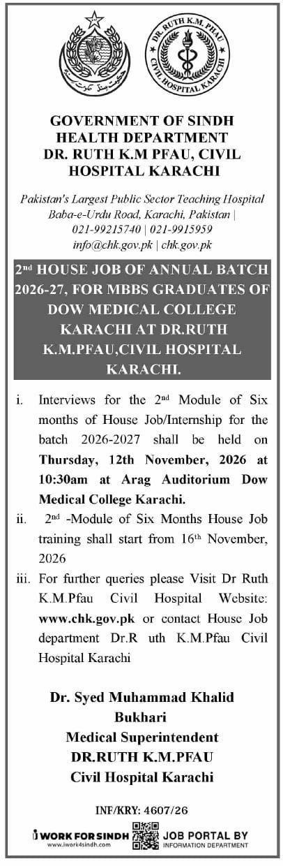 2nd House Job of Annual Batch 2026-27, for MBBS Graduates of Dow Medical College Karachi at Dr. Ruth K.M. PFAU, Civil Hospital Karachi – Government of Sindh Health Department, Dr. Ruth K.M. PFAU, Civil Hospital Karachi Jobs 2026 — original newspaper advertisement