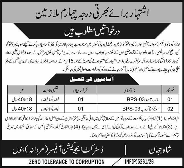 District Education Officer (Male), Mardan, Bannu Jobs Jobs 2026 — original newspaper advertisement