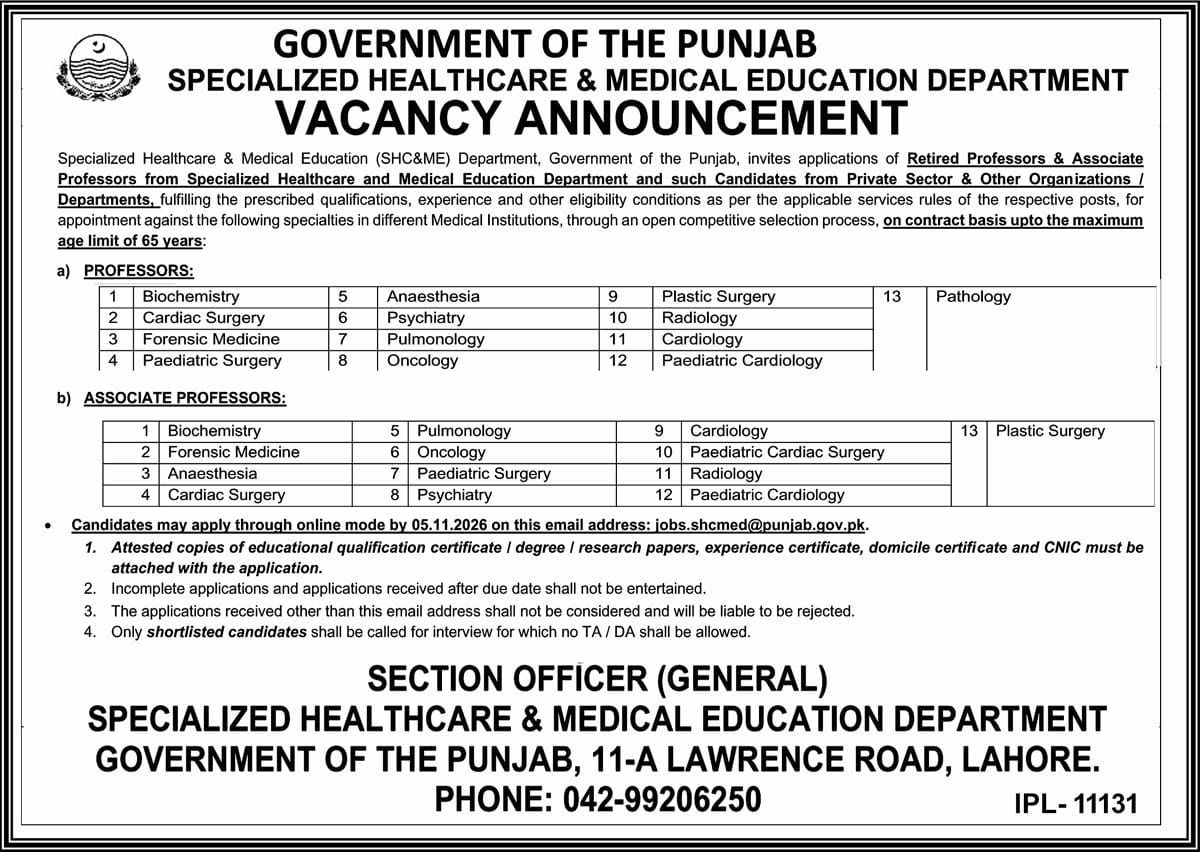 Specialized Healthcare & Medical Education Punjab Jobs – Specialized Healthcare & Medical Education Department, Government of the Punjab Jobs 2026 — original newspaper advertisement