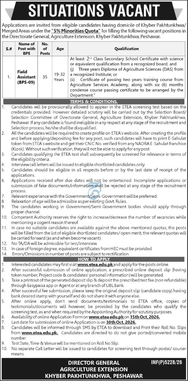 Directorate General, Agriculture Extension, Khyber Pakhtunkhwa, Peshawar Jobs Jobs 2026 — original newspaper advertisement