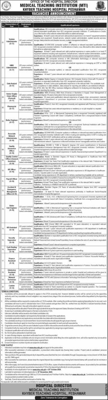 Medical Teaching Institution (MTI), Khyber Teaching Hospital Peshawar Jobs 2026 Jobs 2026 — original newspaper advertisement