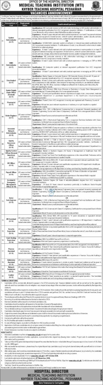 Medical Teaching Institution (MTI), Khyber Teaching Hospital Peshawar Jobs Jobs 2026 — original newspaper advertisement