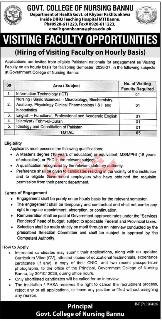 Visiting Faculty Opportunities (Hiring of Visiting Faculty Govt. College of Nursing Bannu, Department of Health Govt. of Khyber Pakhtunkhwa Jobs 2026 — original newspaper advertisement