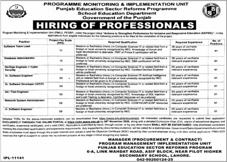 Programme Monitoring & Implementation Unit (PMIU), Punjab Education Sector Reforms Programme, School Education Department Jobs – Programme Monitoring & Implementation Unit (PMIU), Punjab Education Sector Reforms Programme, School Education Department, Government of the Punjab Jobs 2026 — original newspaper advertisement