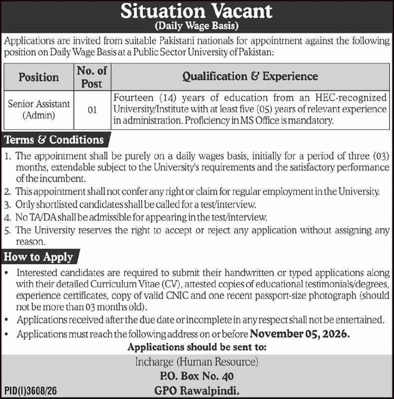 A Public Sector University Rawalpindi Jobs 2026 – A Public Sector University of Pakistan Jobs 2026 — original newspaper advertisement