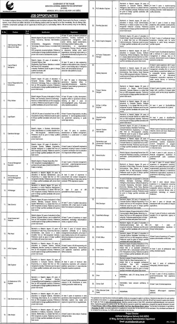 Services & General Administration Department, AI Wing, Artificial Intelligence Delivery Unit (AIDU) Jobs – Government of the Punjab, Services & General Administration Department, AI Wing, Artificial Intelligence Delivery Unit (AIDU) Jobs 2026 — original newspaper advertisement