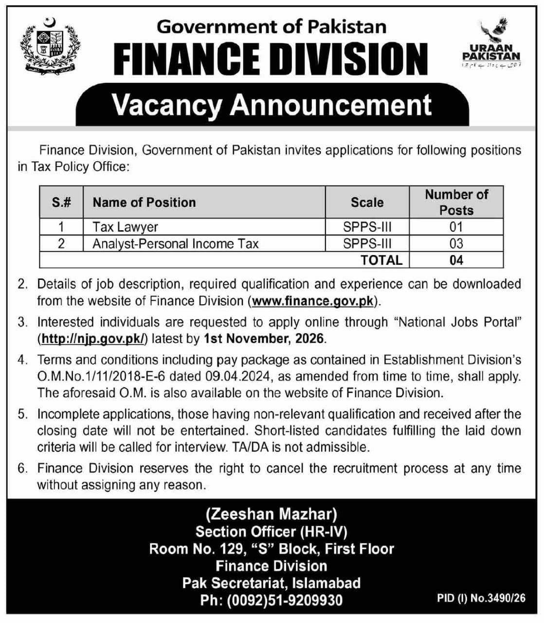 Finance Division Islamabad Jobs 2026 – Finance Division, Government of Pakistan Jobs 2026 — original newspaper advertisement