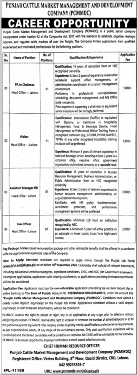 Punjab Cattle Market Management and Development Company (PCMMDC) Jobs 2026 Jobs 2026 — original newspaper advertisement